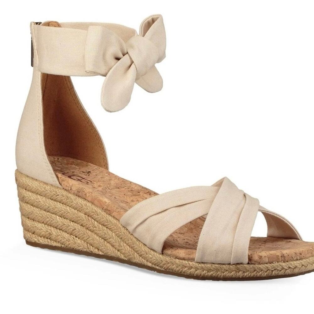 UGG Women's Traci Sandal, Cream Sz 10 Knotted ankle-strap espadrille wedge